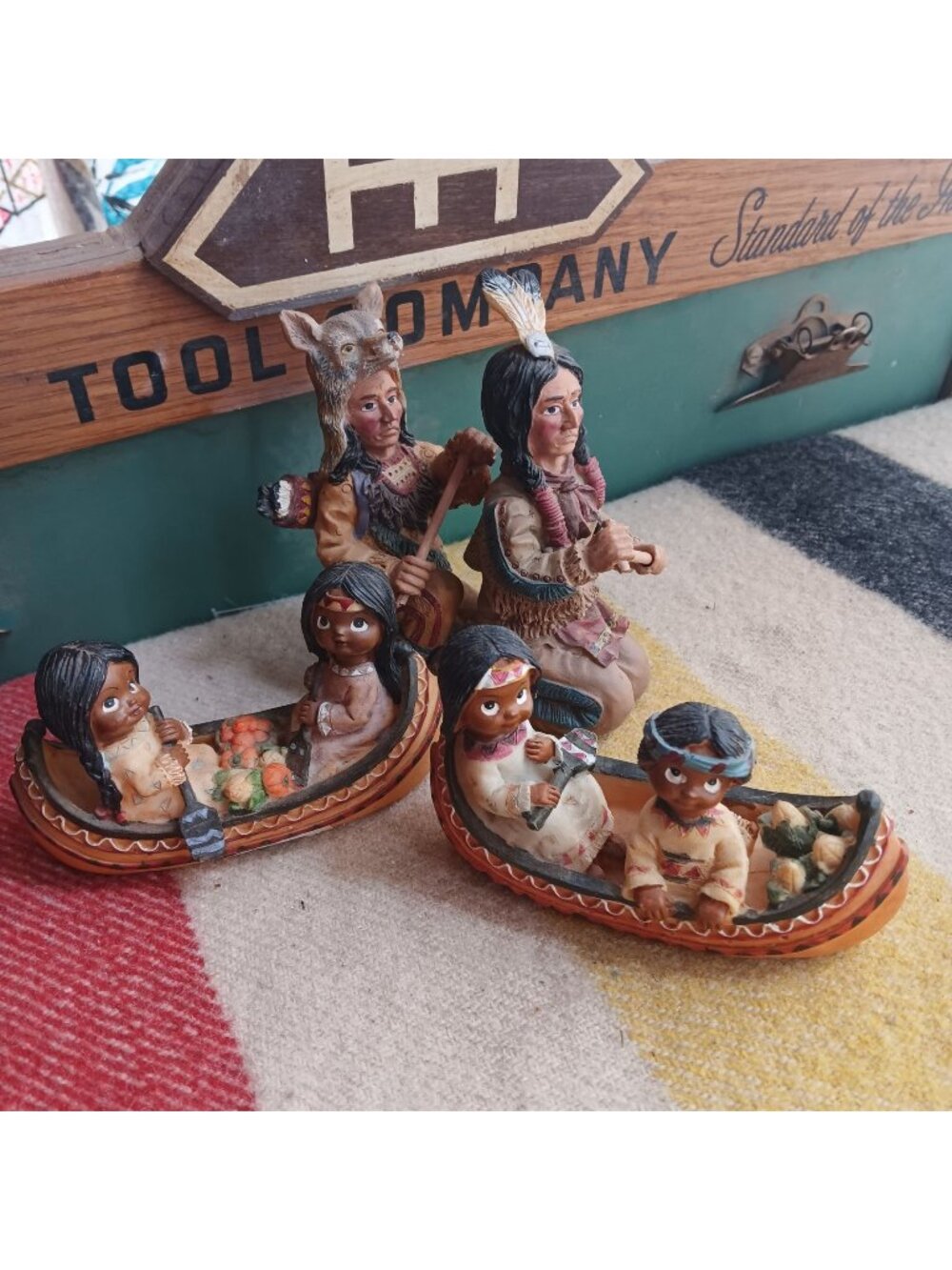 Figurine Set Native American-Inspired With Canoe Scenes Home Decor Rustic ALCO